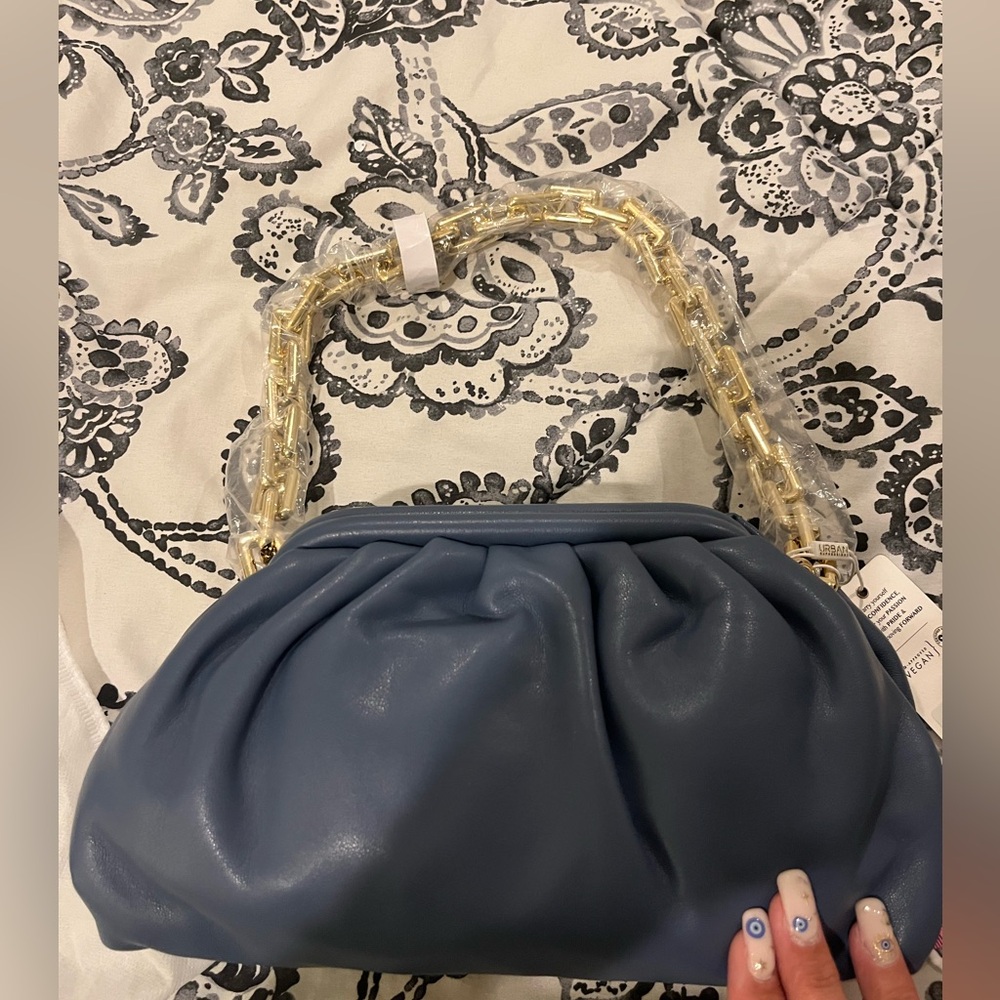 Elegant dusty Blue Handbag with Gold Chain
